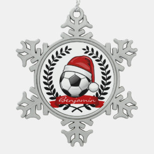 Soccer Ball Wearing a Santa Hat Christmas Snowflake Pewter Christmas Ornament