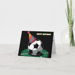 soccer ball wearing colourful birthday hat card