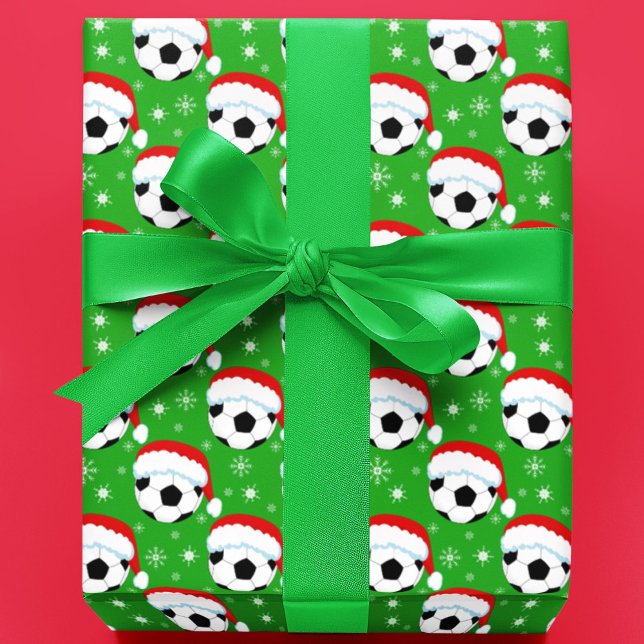 Soccer Ball Wearing Santa's Hat & Snowflakes Green Wrapping Paper (Creator Uploaded)