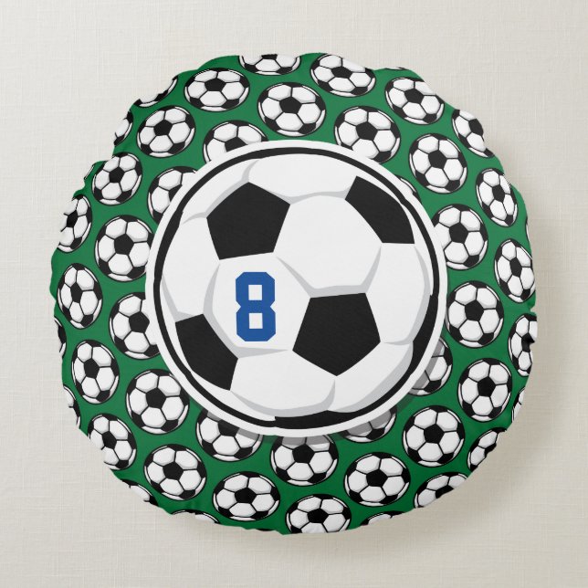 Soccer Ball White Black Green Custom Team Number  Round Cushion (Front)