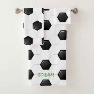 Soccer Ball White Black Green Kids Custom Name Bath Towel Set