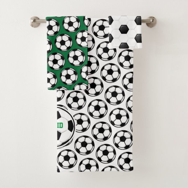 Soccer Ball White Black Green Kids Decor Bath Towel Set (Insitu)