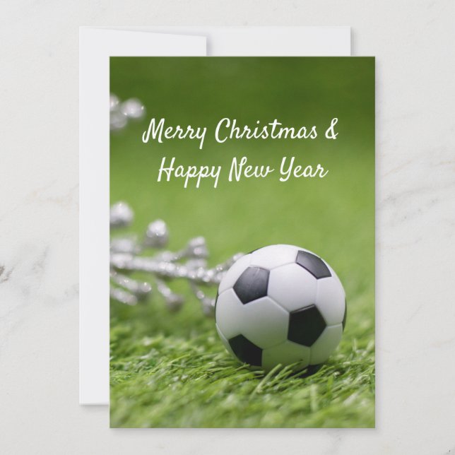 Soccer ball with Christmas decoration on green  Ho Holiday Card (Front)