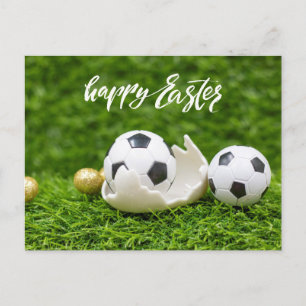 Soccer ball with Eggs Easter on green grass   Postcard