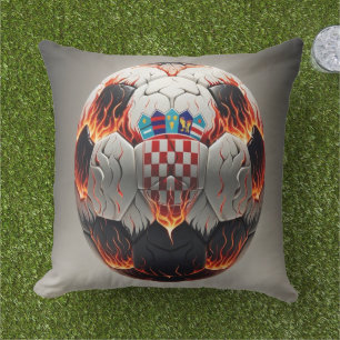 Soccer ball with flames and Croatian flag Cushion