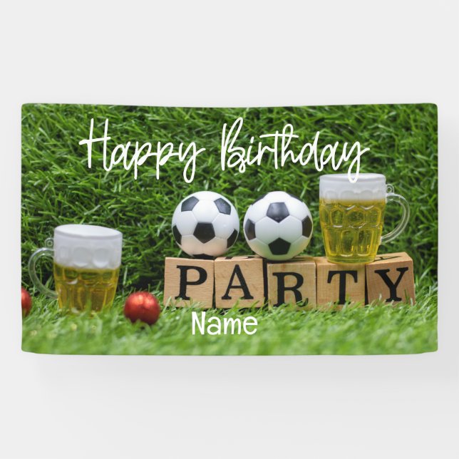 Soccer ball with Happy Birthday with beer   Banner (Horizontal)