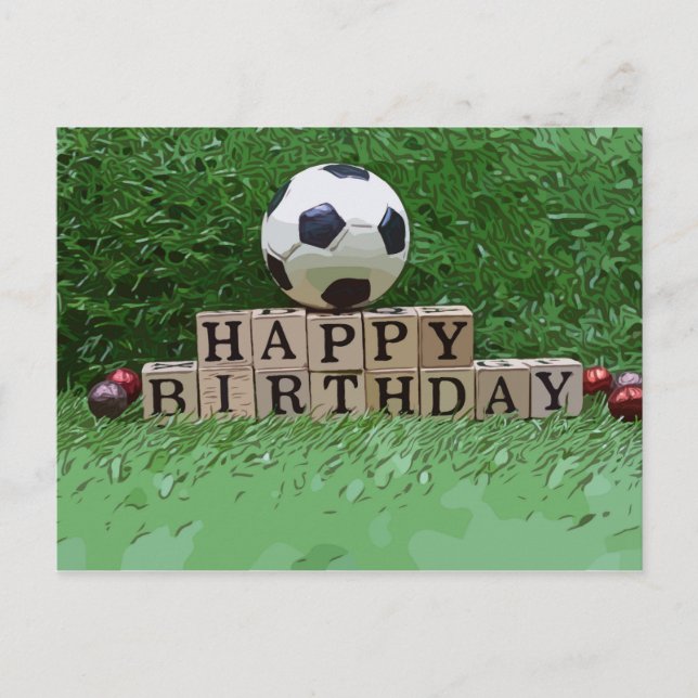 Soccer ball with Happy Birthday word on green  Car Postcard (Front)