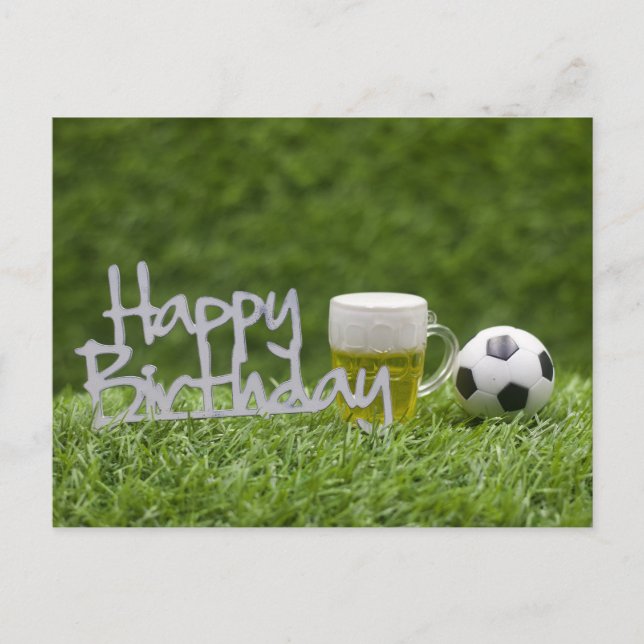 Soccer ball with Happy Birthday word on green  Postcard (Front)