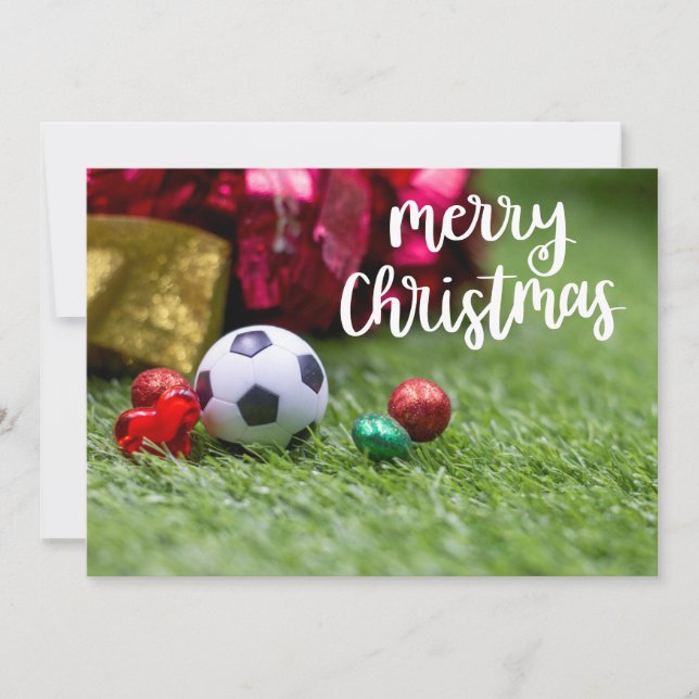 Soccer ball with Merry Christmas decoration  Holiday Card (Front)
