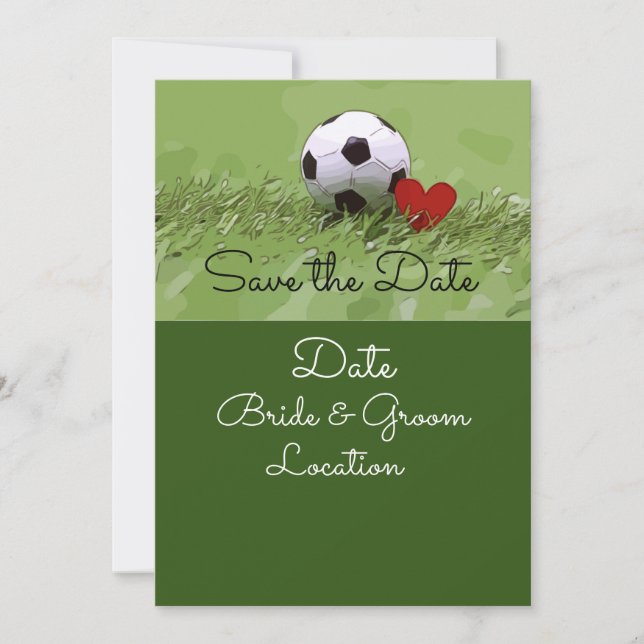 Soccer ball with red heart on green wedding   invitation (Front)