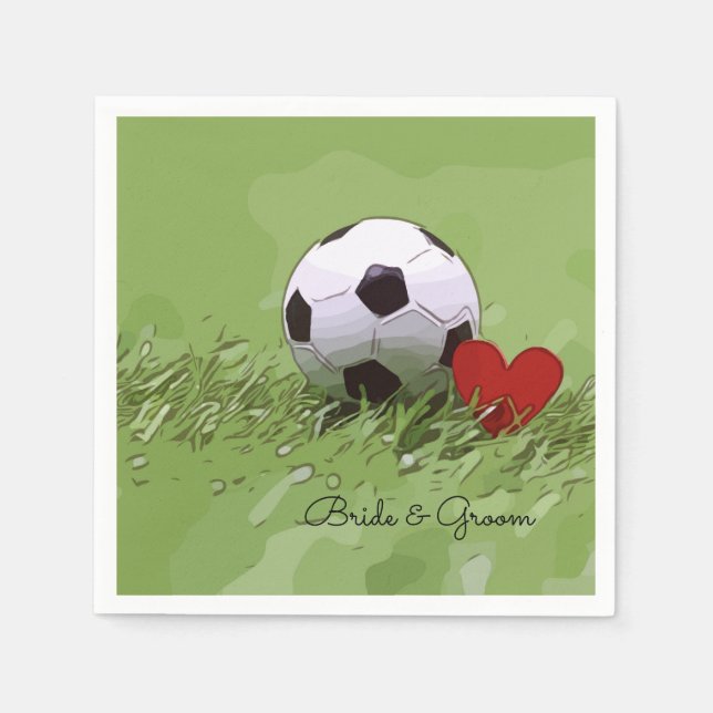 Soccer ball with red heart on green wedding napkin (Front)