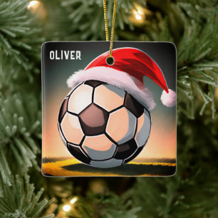 Soccer Ball with Red Santa Hat Name Christmas Ceramic Ornament