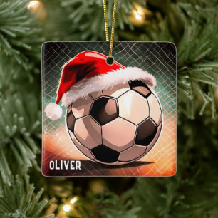 Soccer Ball with Red Santa Hat Name Christmas Ceramic Ornament
