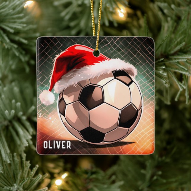 Soccer Ball with Red Santa Hat Name Christmas Ceramic Ornament (Tree)