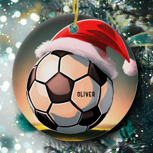 Soccer Ball with Red Santa Hat Name Christmas Ceramic Tree Decoration