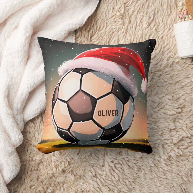 Soccer Ball with Red Santa Hat Name Christmas Cushion (Blanket)
