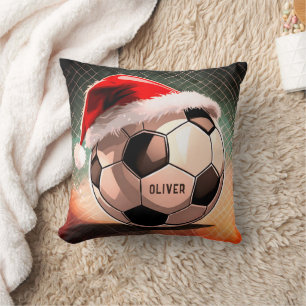 Soccer Ball with Red Santa Hat Name Christmas Cushion