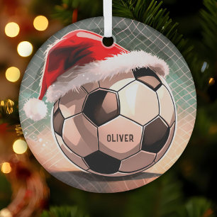 Soccer Ball with Red Santa Hat Name Christmas Glass Tree Decoration