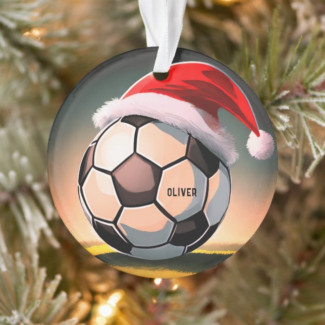 Soccer Ball with Red Santa Hat Name Christmas Ornament (Tree)