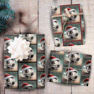 Soccer Ball with red Santa Hat Name Wrapping Paper Sheet