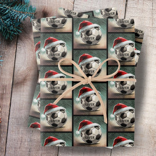 Soccer Ball with red Santa Hat Name Wrapping Paper Sheet