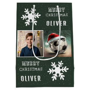 Soccer Ball with Santa Hat Snowflake Photo Medium Gift Bag