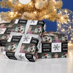 Soccer Ball with Santa Hat Snowflake Photo  Wrapping Paper