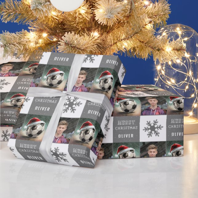 Soccer Ball with Santa Hat Snowflake Photo  Wrapping Paper (Holidays)