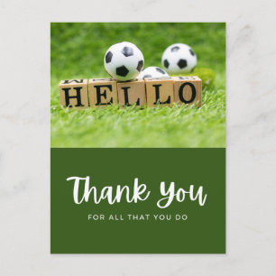 Soccer ball with thank all what you do on green  postcard