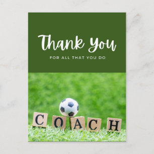 Soccer ball with thank all what you do on green postcard