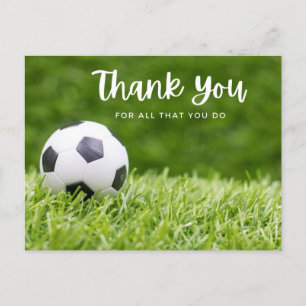 Soccer ball with thank all what you do on green postcard