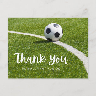 Soccer ball with thank all what you do on green postcard