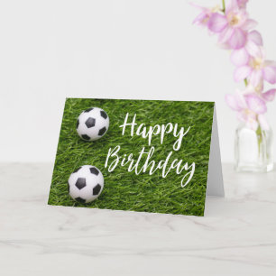 Soccer ball with word  Happy Birthday on green    Card