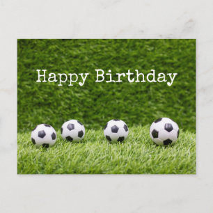 Soccer ball with word  Happy Birthday on green  Postcard