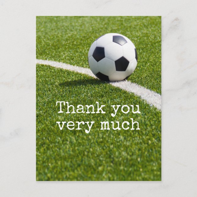 Soccer ball with word Thank you on green grass Postcard (Front)