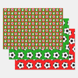 Soccer Balls and Santa Red and Green Christmas Wrapping Paper Sheet