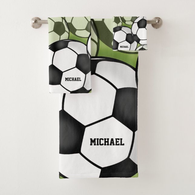 Soccer Balls Black & White Boy's Kids Name Number Bath Towel Set (Insitu)