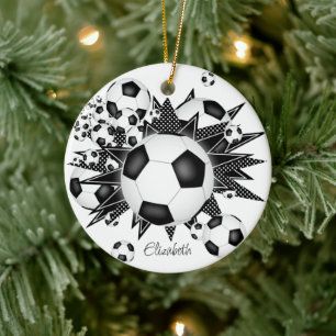 soccer balls black white stars girls sports ceramic tree decoration