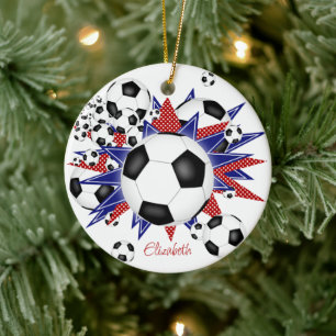 soccer balls blue red stars girls sports ceramic tree decoration