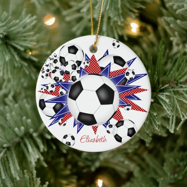 soccer balls blue red stars girls sports ceramic tree decoration (Tree)