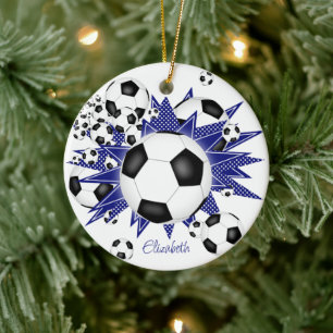 soccer balls blue stars girls sports ceramic tree decoration