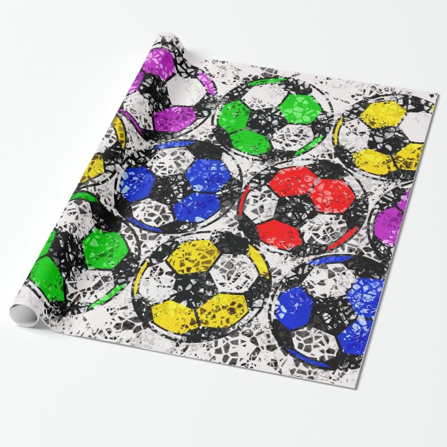 SOCCER BALLS IN CHAOTIC COLOR WRAPPING PAPER (Unrolled)