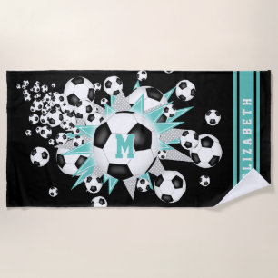 soccer balls light teal grey stars girls name beach towel