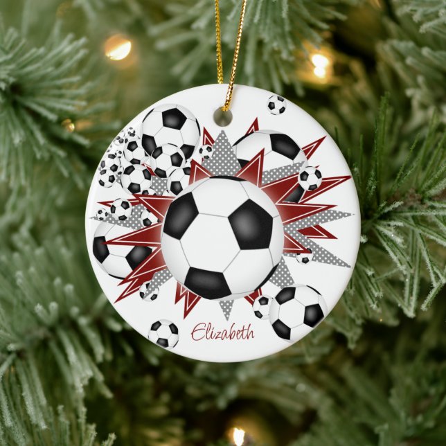 soccer balls maroon grey stars girls sports ceramic tree decoration (Tree)