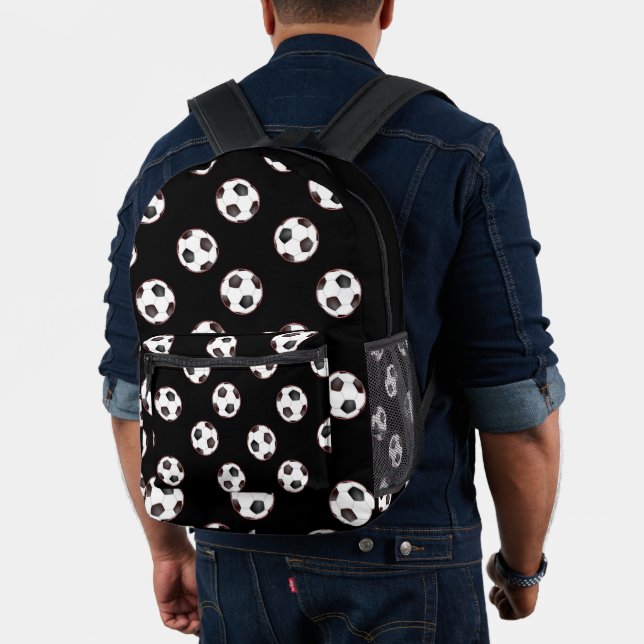 Soccer balls on black printed backpack (Insitu (Model))