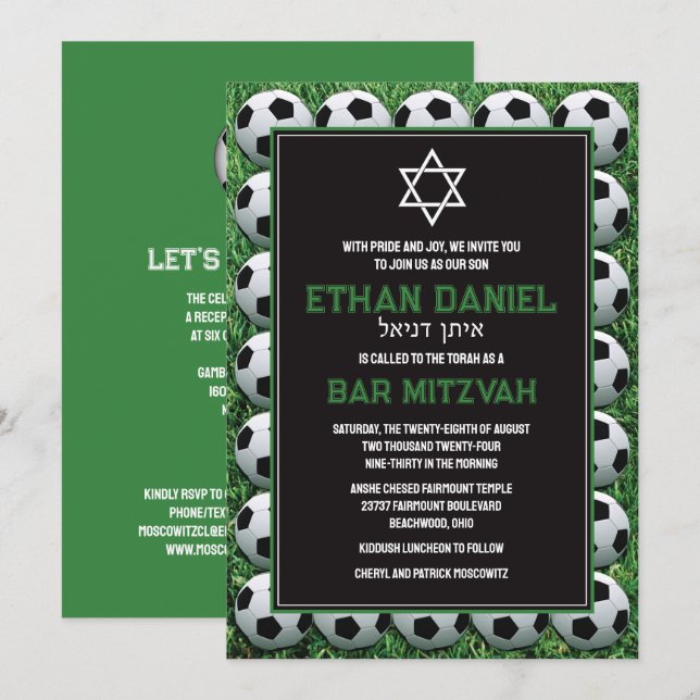 Soccer Balls on Grass Bar Mitzvah Invitation (Front/Back)