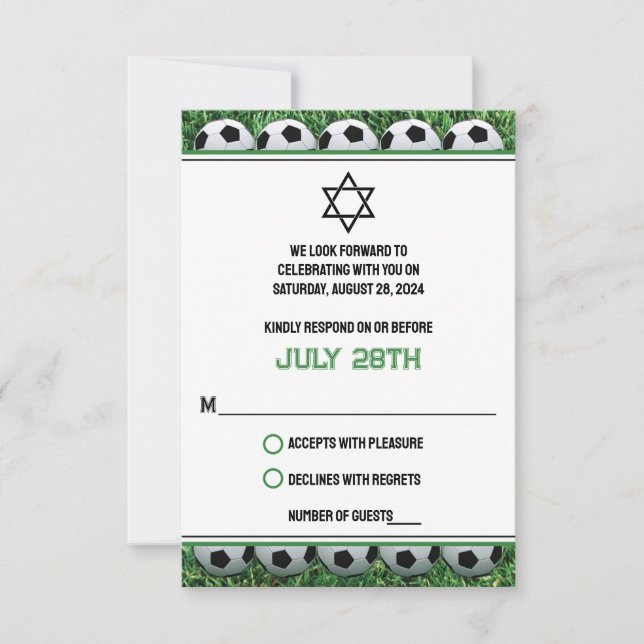 Soccer Balls on Grass Bar Mitzvah RSVP Card (Front)