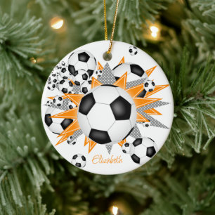 soccer balls orange grey stars girls sports ceramic tree decoration