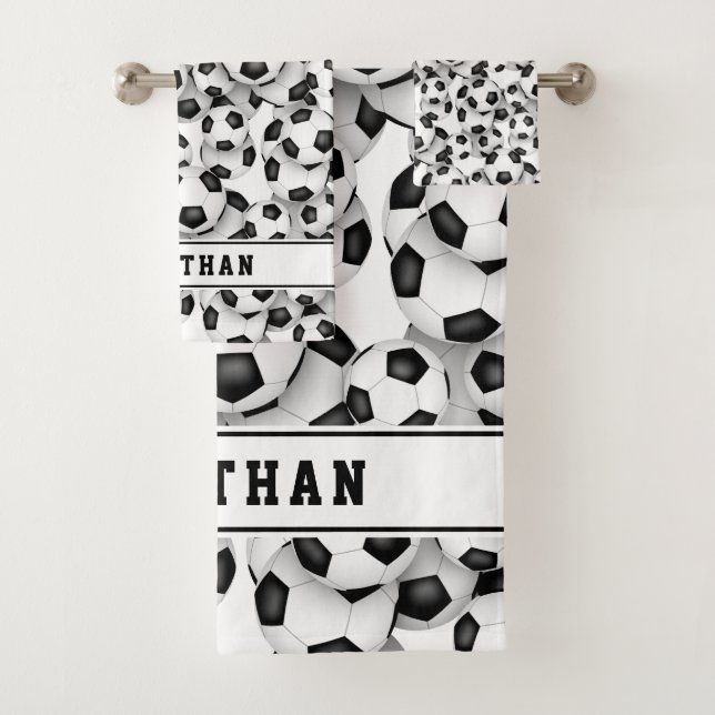 soccer balls pattern athlete name boys girls bath towel set (Insitu)