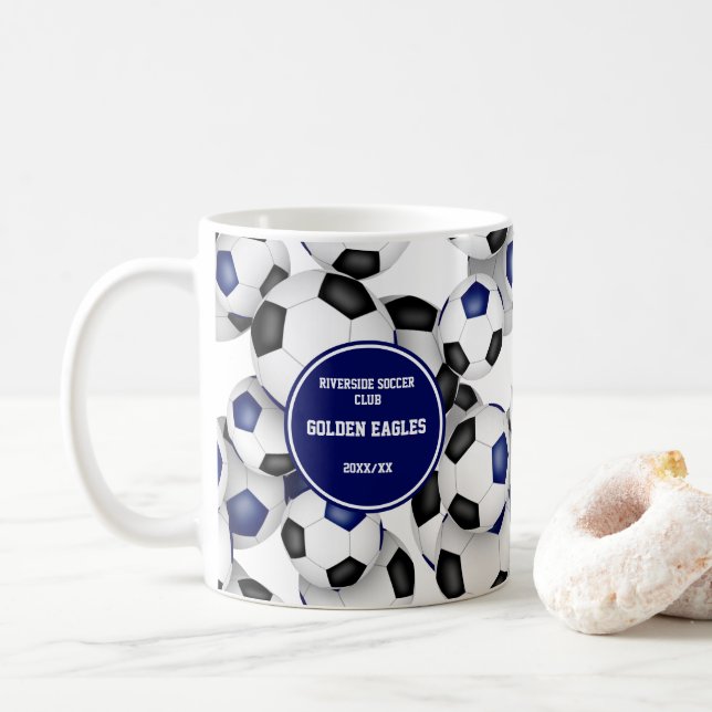 soccer balls pattern blue black custom name coffee mug (With Donut)